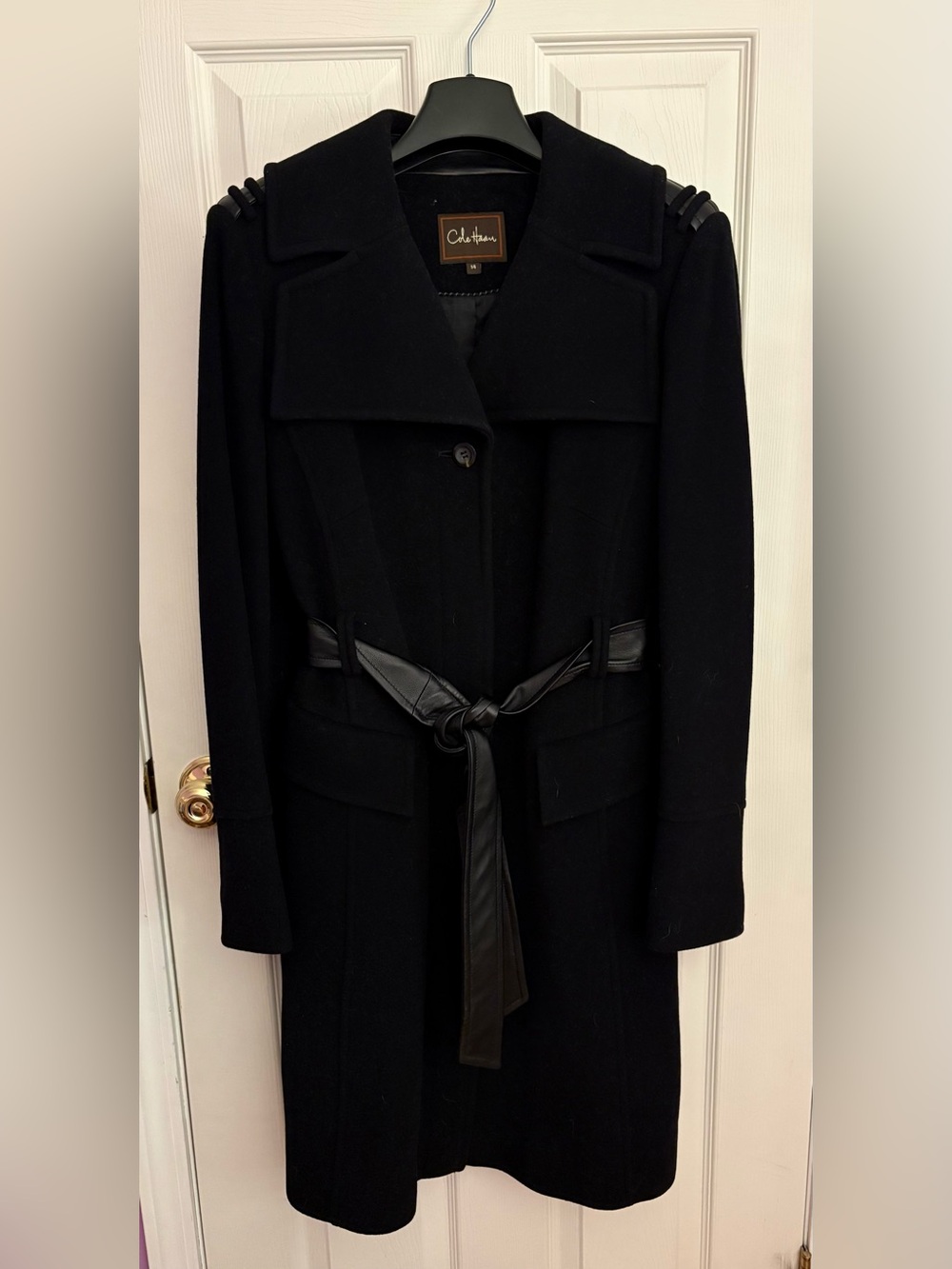 Cole Haan Black Wool Trench Coat with Leather Tie